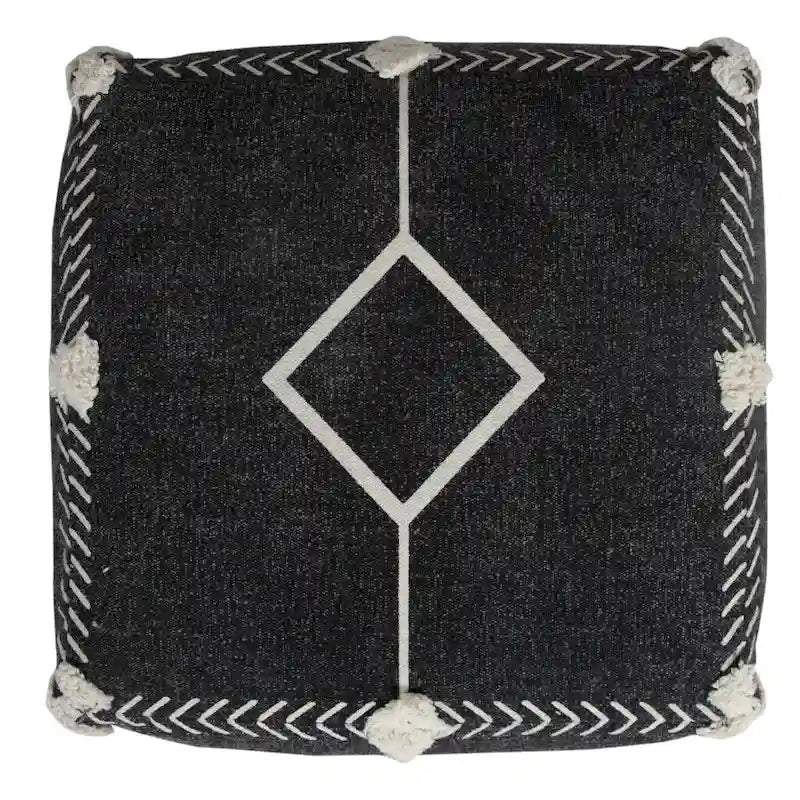 Black Cotton Geometric Boho Pouf Ottoman with Tufted Accents