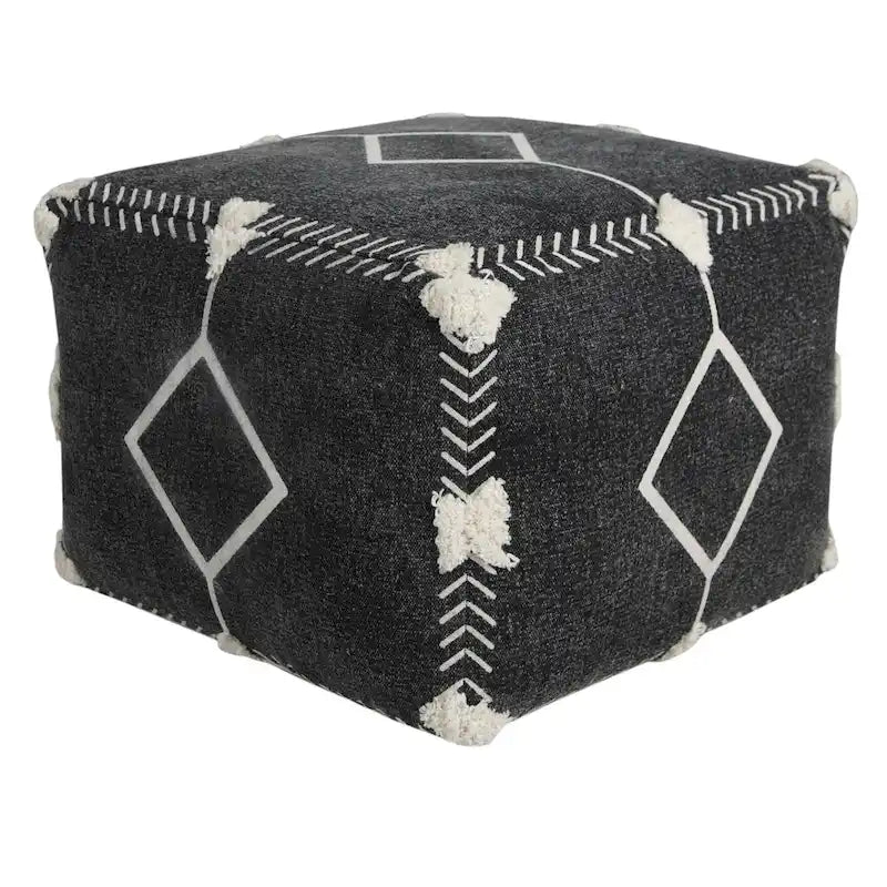Black Cotton Geometric Boho Pouf Ottoman with Tufted Accents