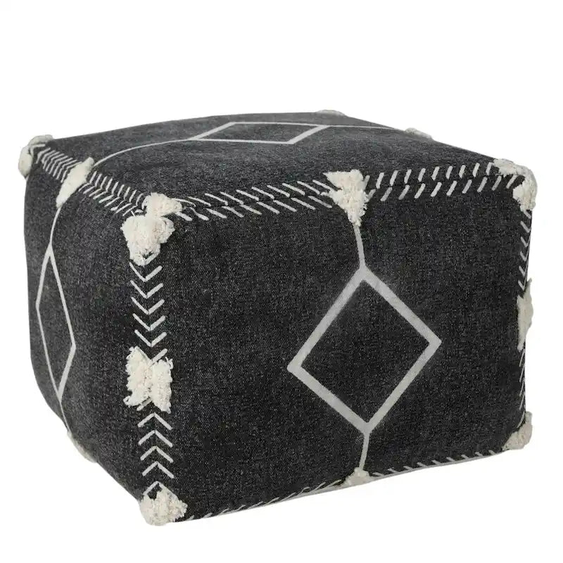 Black Cotton Geometric Boho Pouf Ottoman with Tufted Accents