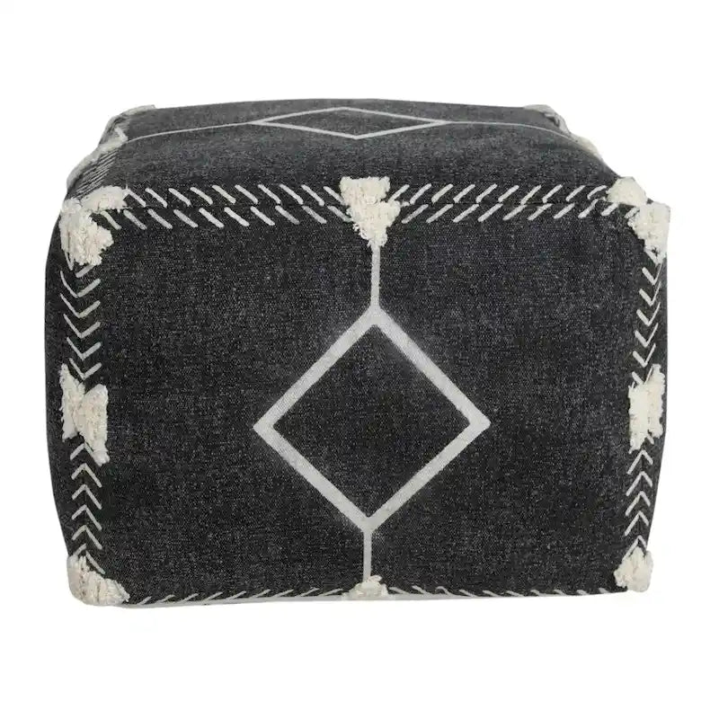 Black Cotton Geometric Boho Pouf Ottoman with Tufted Accents