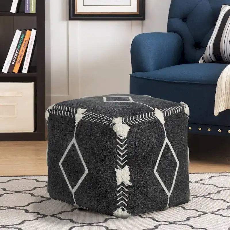 Black Cotton Geometric Boho Pouf Ottoman with Tufted Accents
