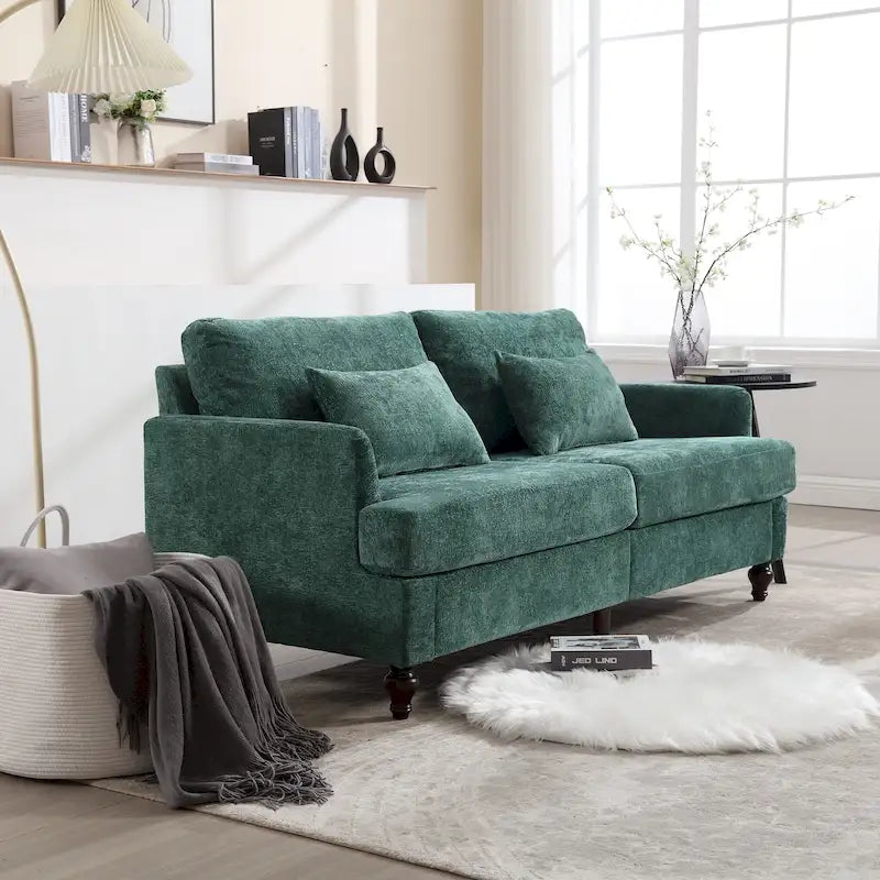 Chenille Upholstered 2-Seat Sofa with Wooden Legs and Removable Cushions
