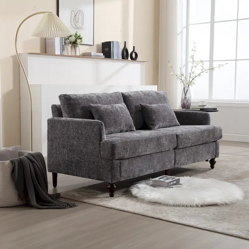 Chenille Upholstered 2-Seat Sofa with Wooden Legs and Removable Cushions
