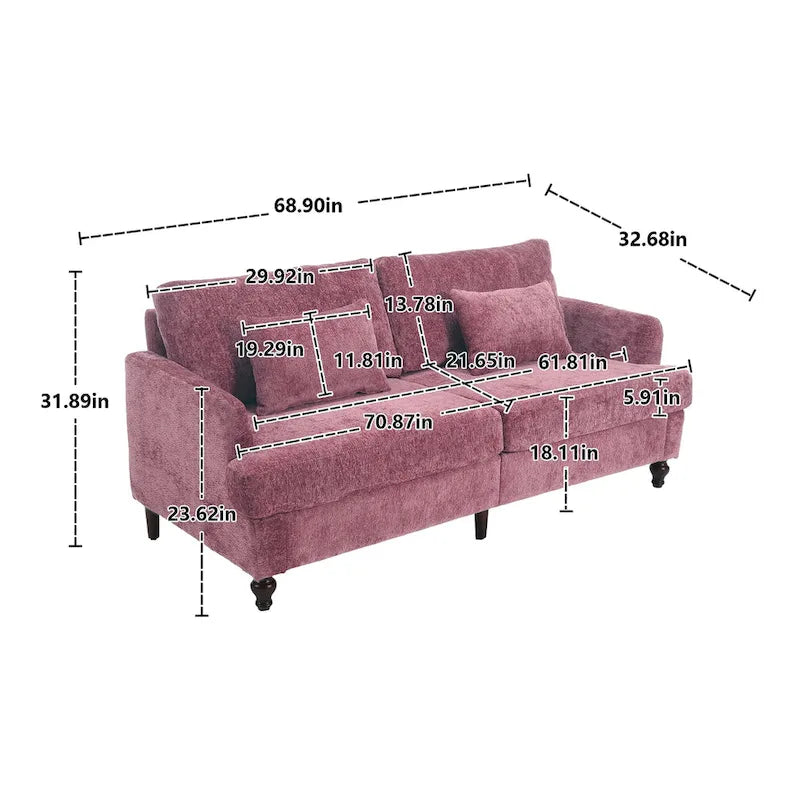 Chenille Upholstered 2-Seat Sofa with Wooden Legs and Removable Cushions