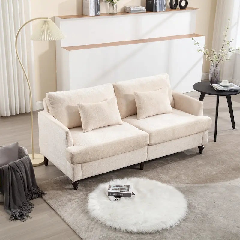 Chenille Upholstered 2-Seat Sofa with Wooden Legs and Removable Cushions