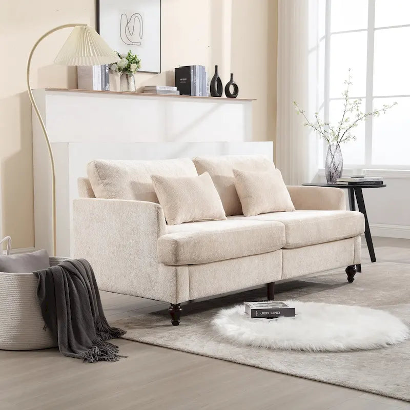 Chenille Upholstered 2-Seat Sofa with Wooden Legs and Removable Cushions