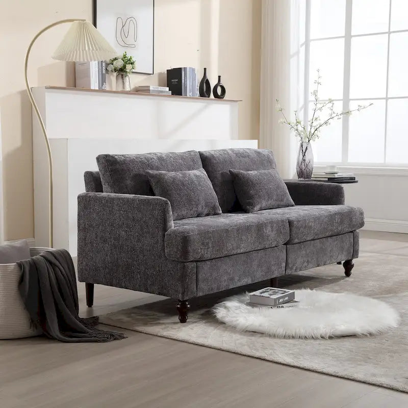 Chenille Upholstered 2-Seat Sofa with Wooden Legs and Removable Cushions