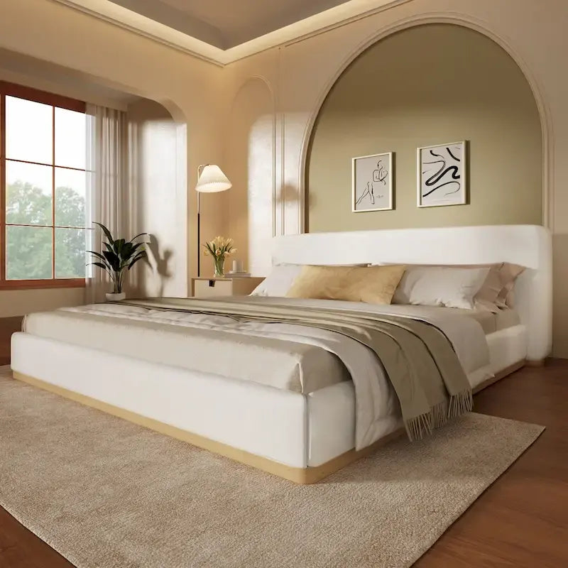White Plush Upholstered Platform Bed with Solid Wood Slats King