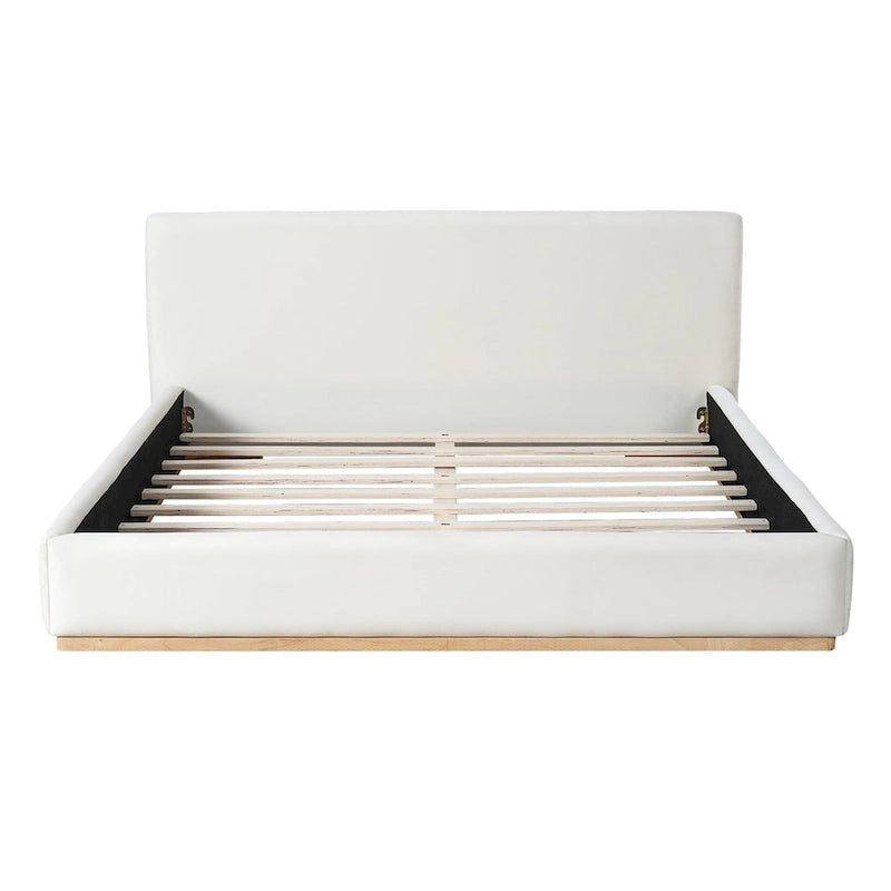 White Plush Upholstered Platform Bed with Solid Wood Slats King