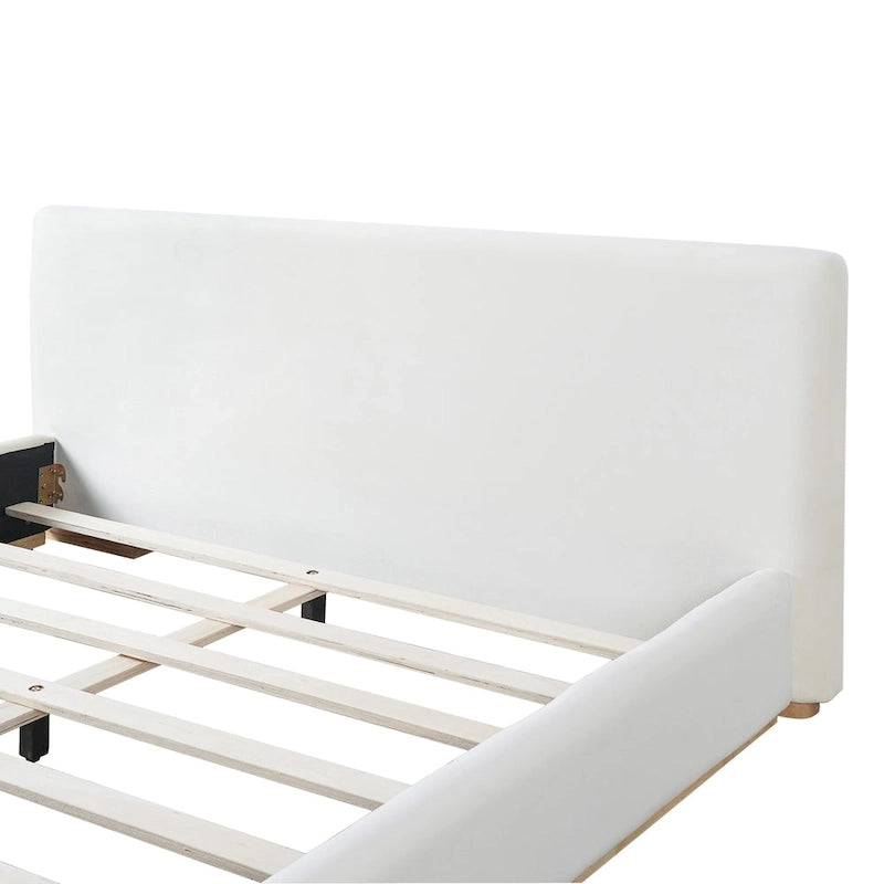 White Plush Upholstered Platform Bed with Solid Wood Slats King