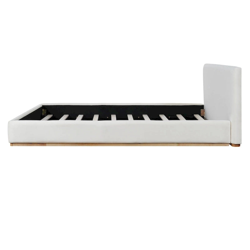 White Plush Upholstered Platform Bed with Solid Wood Slats King
