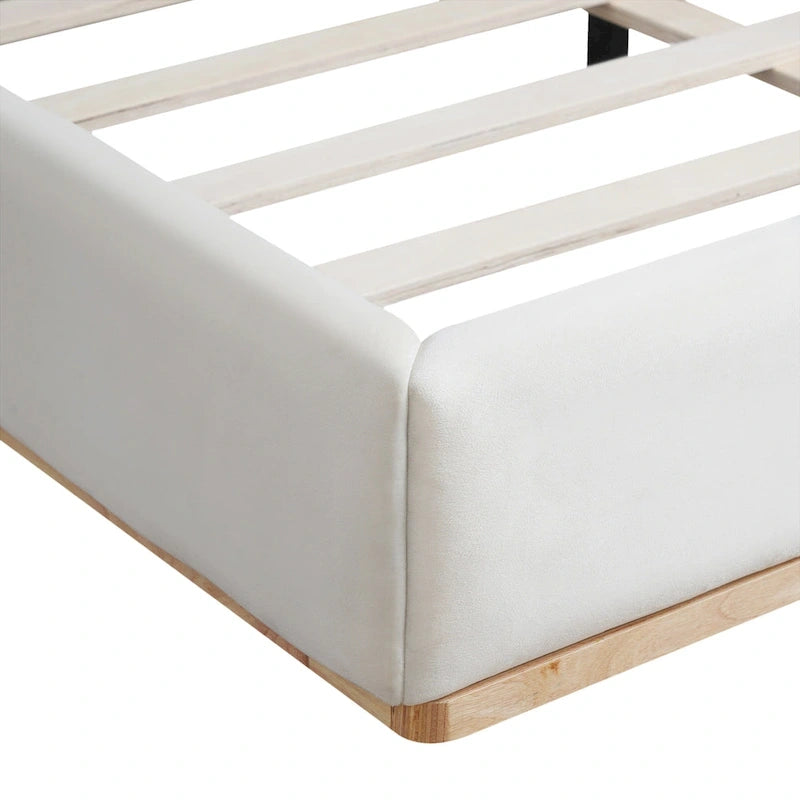 White Plush Upholstered Platform Bed with Solid Wood Slats King