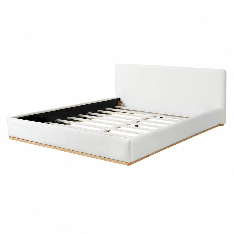 White Plush Upholstered Platform Bed with Solid Wood Slats King