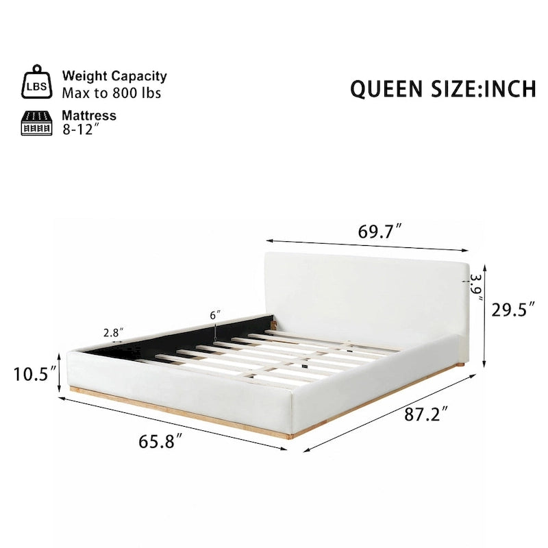 White Plush Upholstered Platform Bed with Solid Wood Slats King