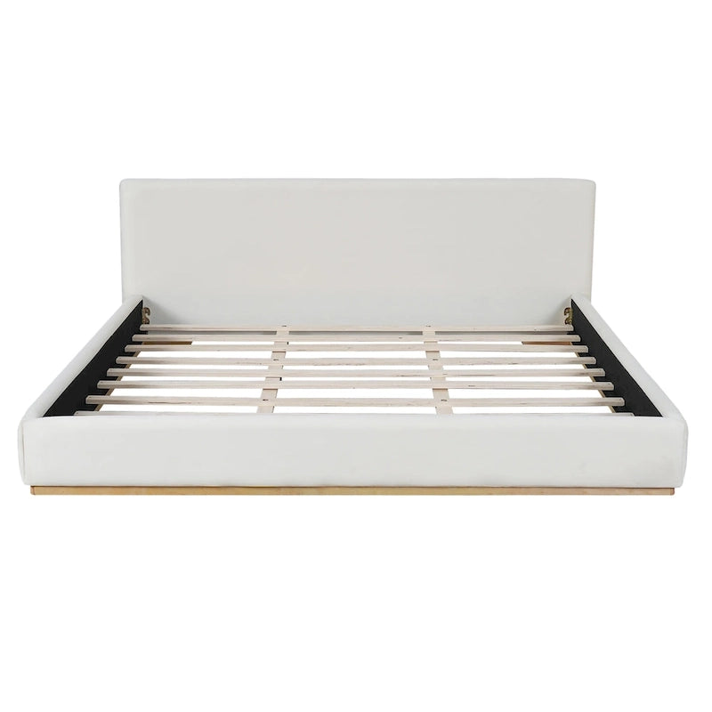 White Plush Upholstered Platform Bed with Solid Wood Slats King