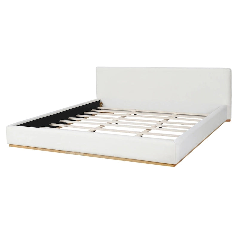 White Plush Upholstered Platform Bed with Solid Wood Slats King