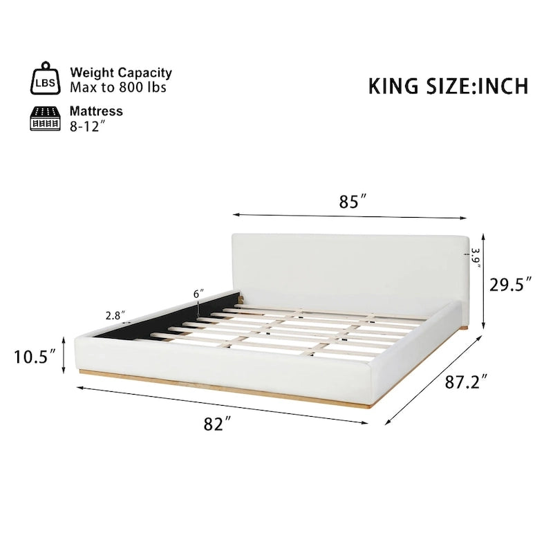 White Plush Upholstered Platform Bed with Solid Wood Slats King