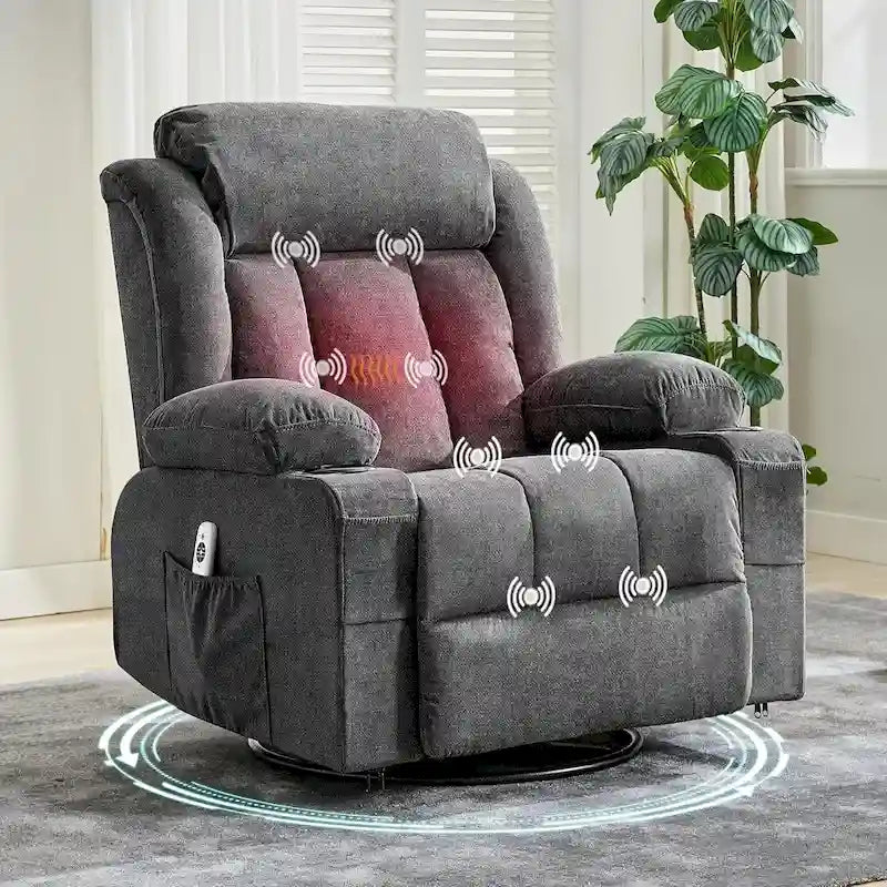 Swivel Rocker Recliner Chair with Massage Heat Cup Holder Side Pockets Grey