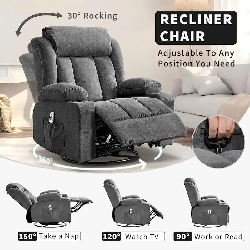 Swivel Rocker Recliner Chair with Massage Heat Cup Holder Side Pockets Grey