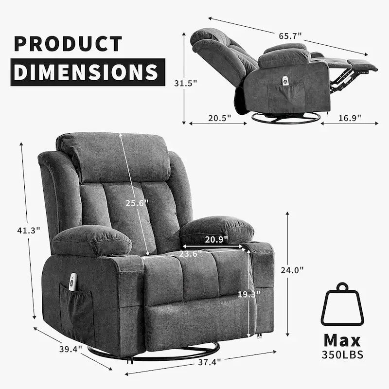 Swivel Rocker Recliner Chair with Massage Heat Cup Holder Side Pockets Grey