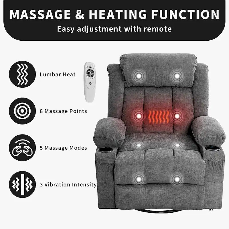Swivel Rocker Recliner Chair with Massage Heat Cup Holder Side Pockets Grey