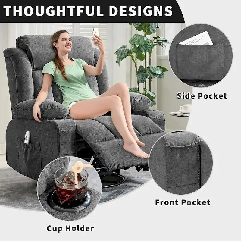 Swivel Rocker Recliner Chair with Massage Heat Cup Holder Side Pockets Grey