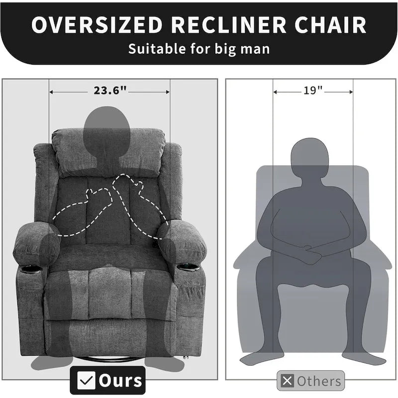 Swivel Rocker Recliner Chair with Massage Heat Cup Holder Side Pockets Grey