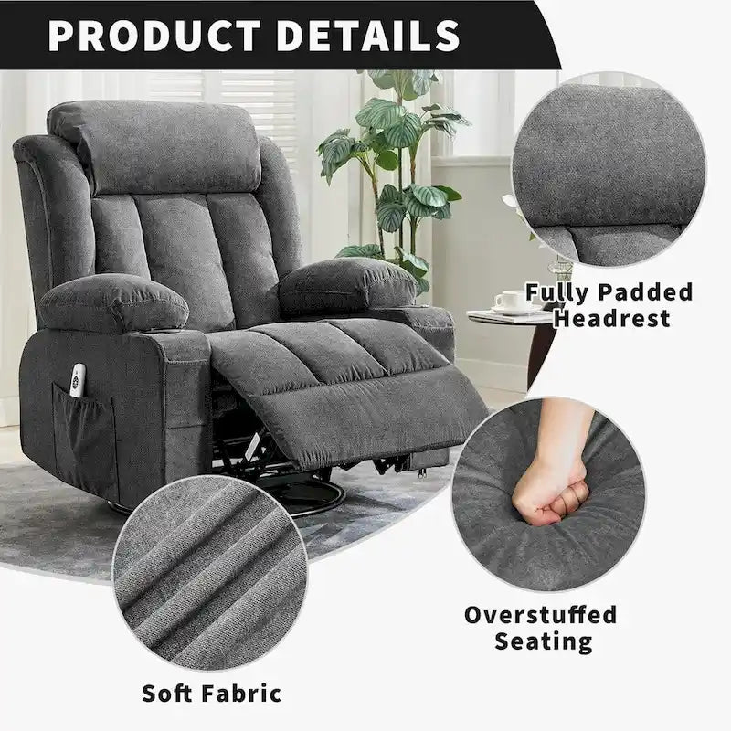 Swivel Rocker Recliner Chair with Massage Heat Cup Holder Side Pockets Grey