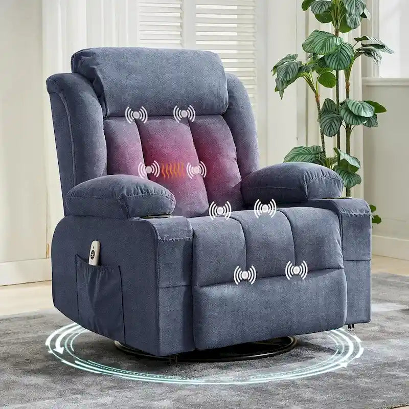 Swivel Rocker Recliner Chair with Massage Heat Cup Holder Side Pockets Grey