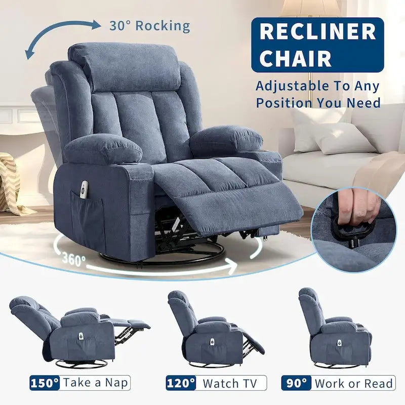Swivel Rocker Recliner Chair with Massage Heat Cup Holder Side Pockets Grey
