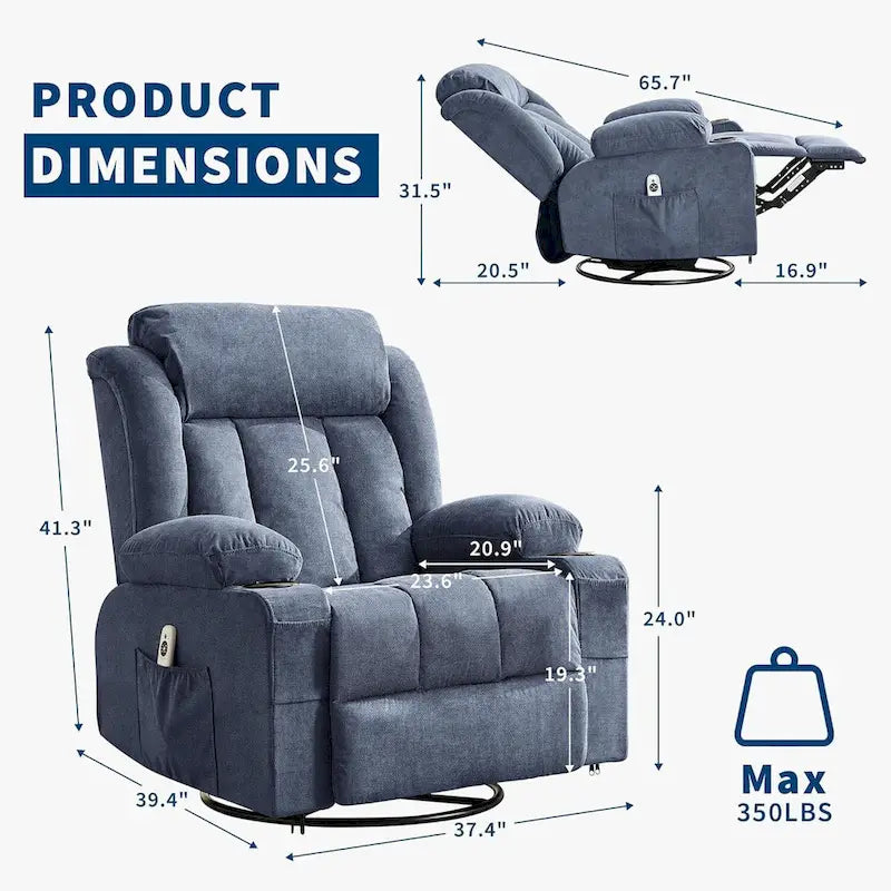 Swivel Rocker Recliner Chair with Massage Heat Cup Holder Side Pockets Grey