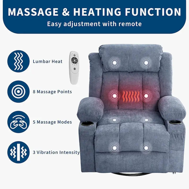 Swivel Rocker Recliner Chair with Massage Heat Cup Holder Side Pockets Grey