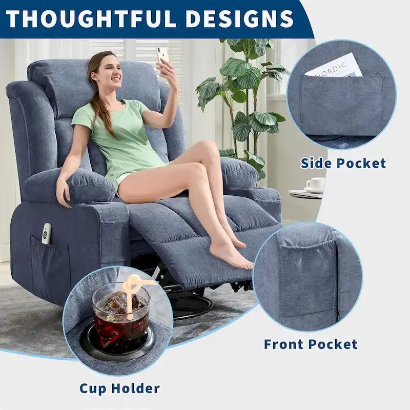 Swivel Rocker Recliner Chair with Massage Heat Cup Holder Side Pockets Grey
