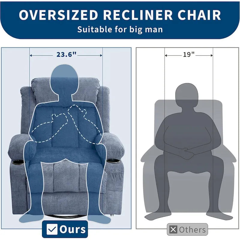Swivel Rocker Recliner Chair with Massage Heat Cup Holder Side Pockets Grey