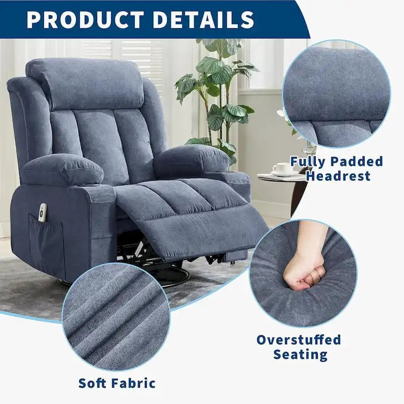 Swivel Rocker Recliner Chair with Massage Heat Cup Holder Side Pockets Grey