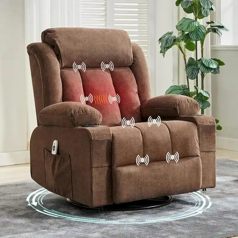 Swivel Rocker Recliner Chair with Massage Heat Cup Holder Side Pockets Grey