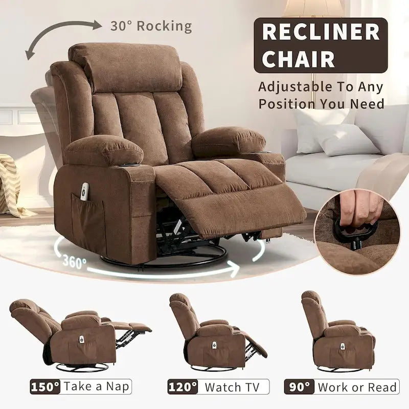 Swivel Rocker Recliner Chair with Massage Heat Cup Holder Side Pockets Grey