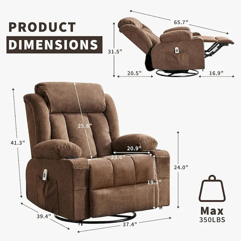 Swivel Rocker Recliner Chair with Massage Heat Cup Holder Side Pockets Grey