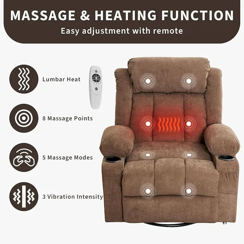 Swivel Rocker Recliner Chair with Massage Heat Cup Holder Side Pockets Grey