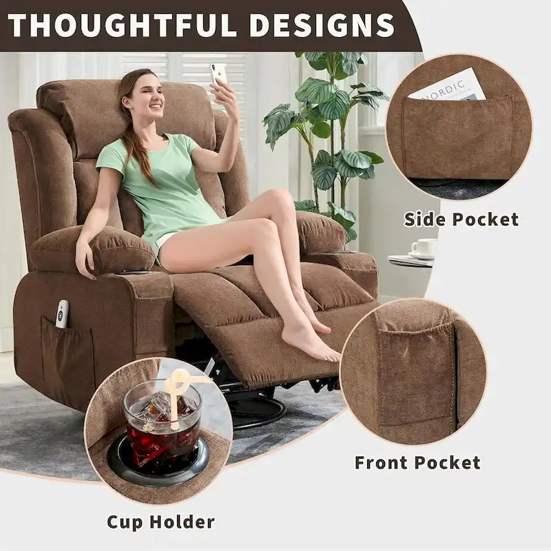 Swivel Rocker Recliner Chair with Massage Heat Cup Holder Side Pockets Grey