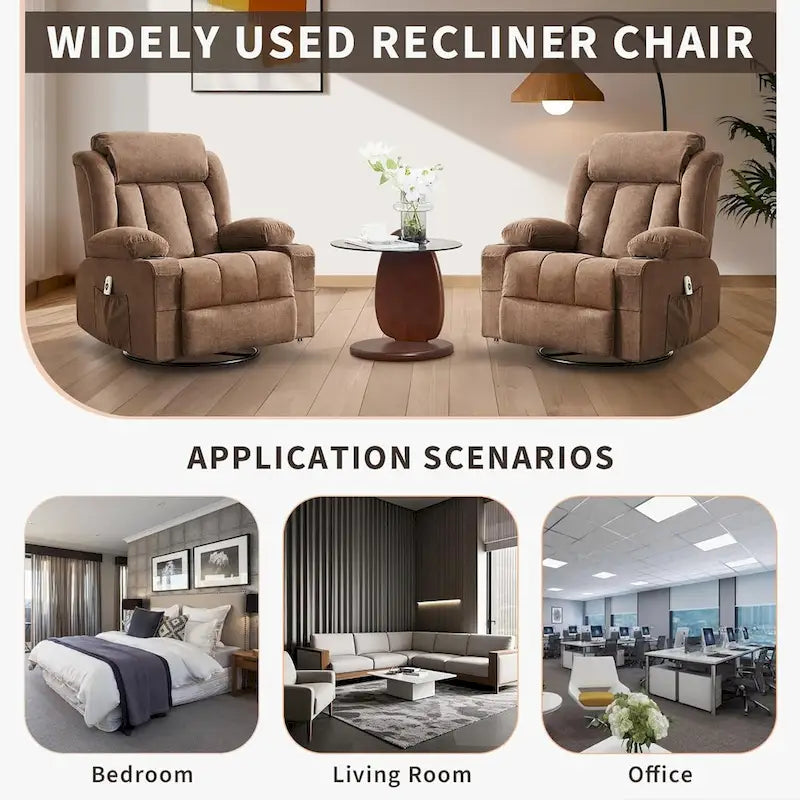 Swivel Rocker Recliner Chair with Massage Heat Cup Holder Side Pockets Grey