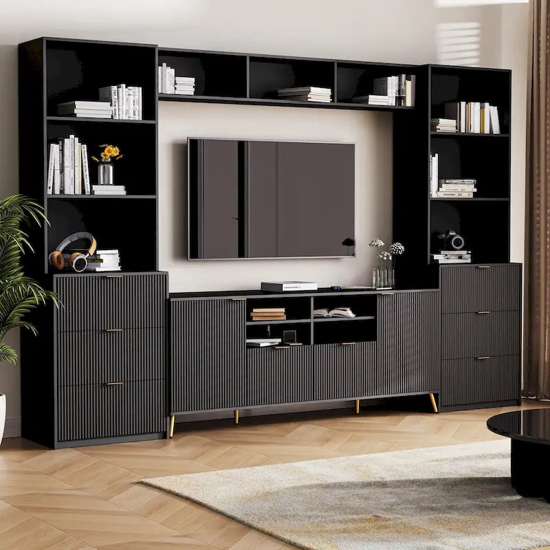 Black Fluted Entertainment Center TV Stand with Open Shelves Drawers Cabinets