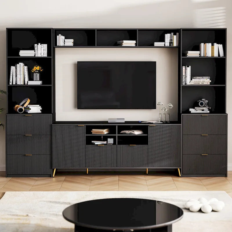 Black Fluted Entertainment Center TV Stand with Open Shelves Drawers Cabinets