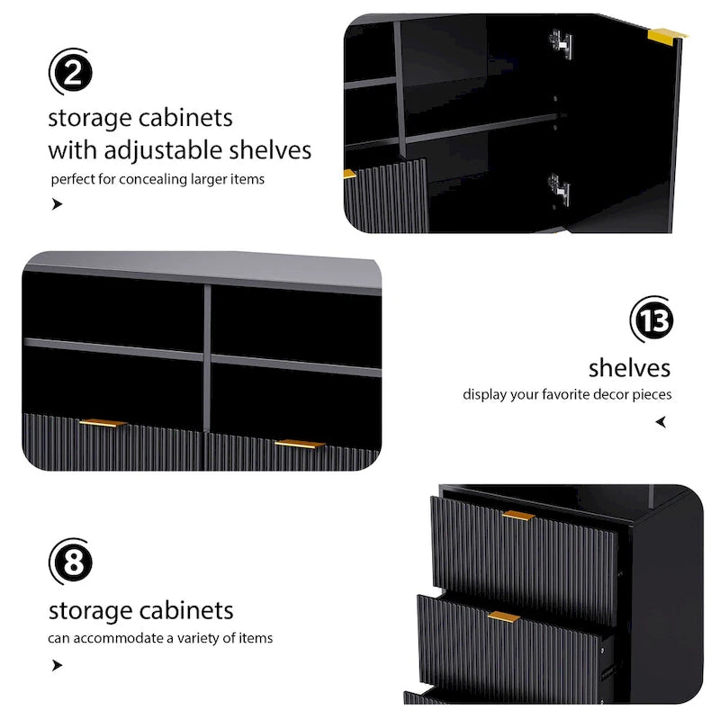 Black Fluted Entertainment Center TV Stand with Open Shelves Drawers Cabinets