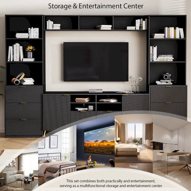 Black Fluted Entertainment Center TV Stand with Open Shelves Drawers Cabinets