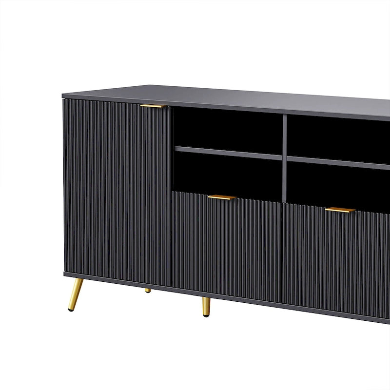 Black Fluted Entertainment Center TV Stand with Open Shelves Drawers Cabinets