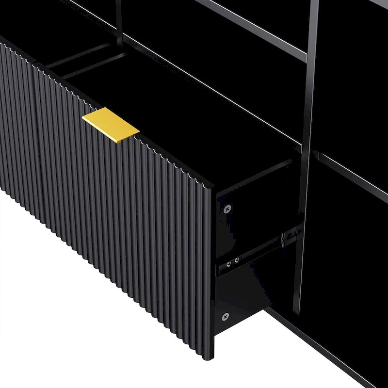 Black Fluted Entertainment Center TV Stand with Open Shelves Drawers Cabinets