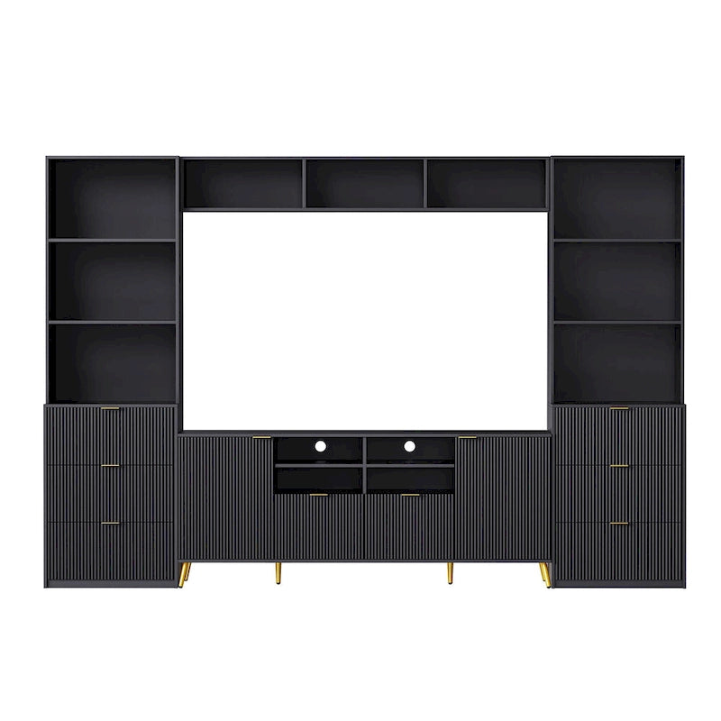 Black Fluted Entertainment Center TV Stand with Open Shelves Drawers Cabinets