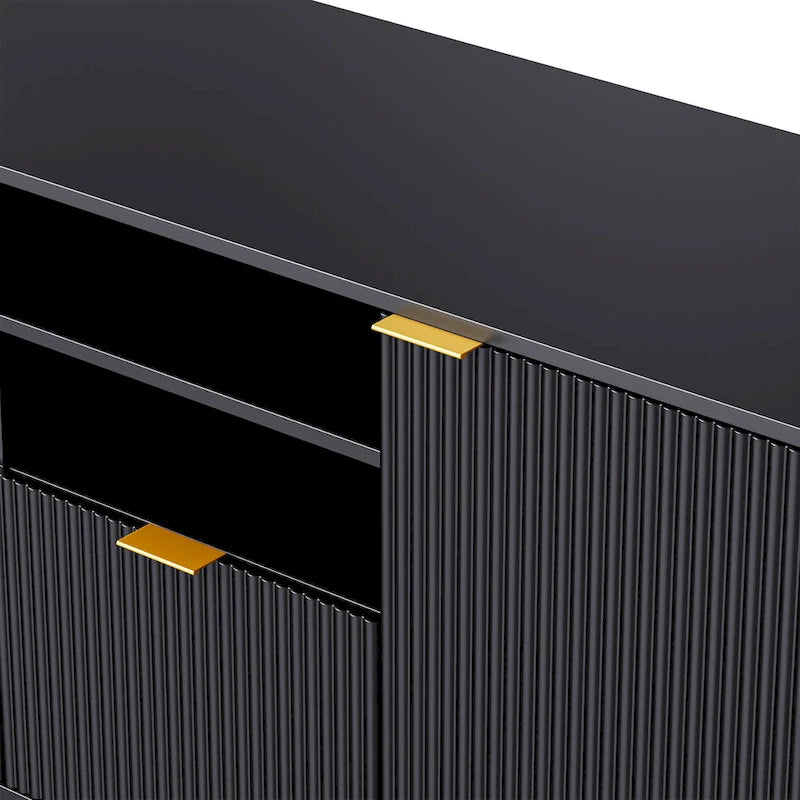 Black Fluted Entertainment Center TV Stand with Open Shelves Drawers Cabinets