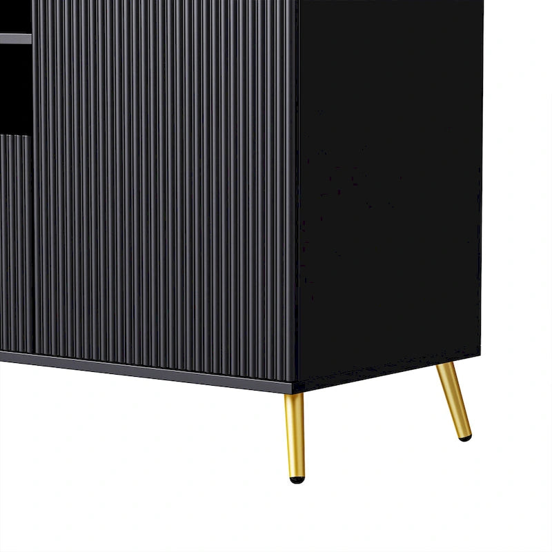 Black Fluted Entertainment Center TV Stand with Open Shelves Drawers Cabinets